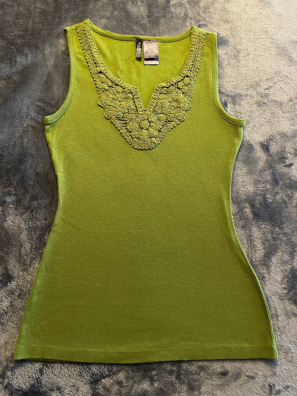 Y2K Bisou Bisou Chartreuse Ribbed Tank with Floral Crochet Neckline